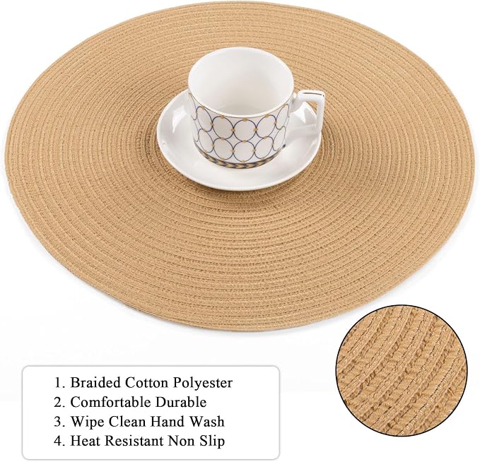 SHACOS Round Placemats Set of 8 Washable 15 inch Round Placemat Cotton Polyester Woven Braided Table Place Mats for Dining Table Decor, Camel