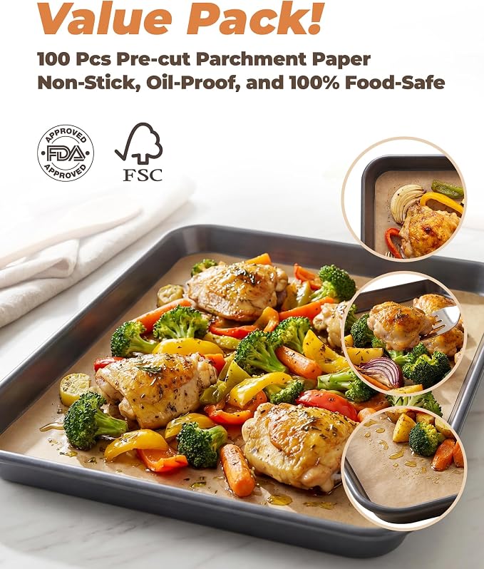 Bake Choice 2 Pack 18x13In Half Sheet Pans With 100Pcs Parchment Sheets | Heavy Duty Carbon Steel, Warp Resistant Nonstick Baking Sheet, Commercial Grade Cookie Sheets for Oven Baking Roasting