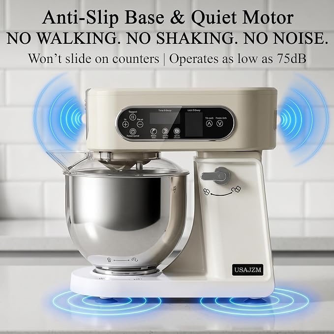 5.3 Qt 9-Speed Tilt-Head Stand Mixer, Multi-Function Electric Mixer | 3 Mixing Attachments, Meat Grinder & Vegetable Slicer, Stainless Steel Bowl, Splash Guard, Easy Clean, Almond Cream