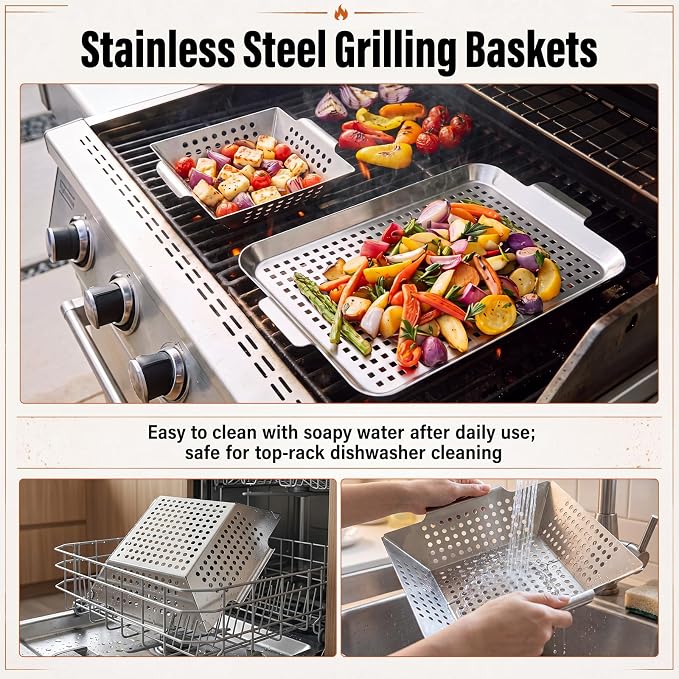 2 Pack Grilling Accessories Outdoor Grill Topper Vegetables Grill Baskets for BBQ, Grilling Pans Trays Griller Baskets with Holes and Handles, Carbon Steel