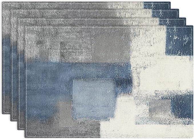 Emvency Farmhouse Placemats Set of 4, 12x18 Inch, Abstract Blue Grey | Abstract Vintage Art Painting Table Mats for Outdoor Home Party Kitchen Dining Decoration