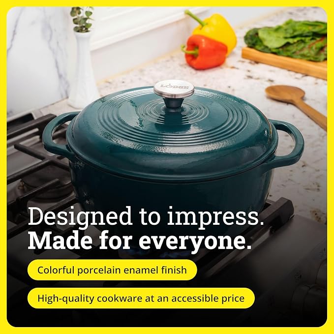Lodge Essential Enamel Cast Iron Dutch Oven 6 Quarts - Perfect for Bread Baking, Braising, Marinating & Slow Cooking, Features Moisture-Sealing Lid & Dual Handles, Kitchen Essentials, Lagoon