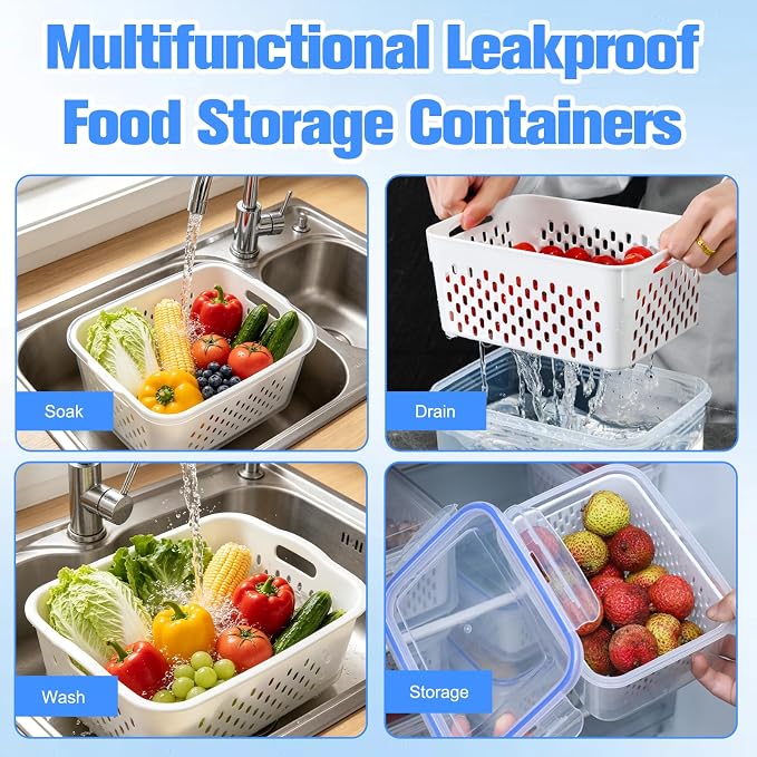 4 In 1 Food Storage Container, Fruit Storage Containers for Fridge Household Transparent Plastic Food Storage Box with Removable Colander & Drain Basket Soak,Wash, Drain,and Store