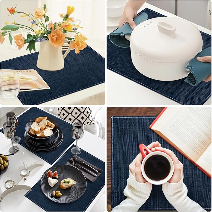 Dark Blue Placemats Set of 4, 12x18 Inch Washable Easy to Clean Heat-Resistant Anti-Skid Navy Blue Placemats for Holiday Party Kitchen Dining Room Decoration