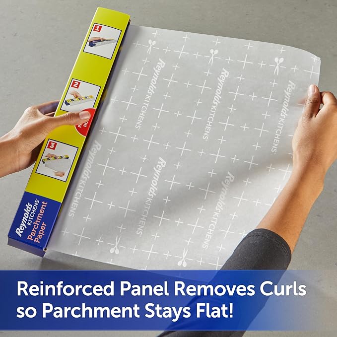 Reynolds Kitchens Stay Flat Parchment Paper Roll with SmartGrid, 45sq ft | Non-Curling Baking Parchment Paper Roll, 15 In Width, Nonstick, Microwave and Oven Safe To 425F, Easy Release and Cleanup