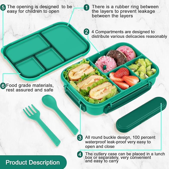 Amathley Lunch Box Kids,Bento Box Adult,Leakproof Lunch Containers for Adults/Kids/Toddler,1200ML-4 Compartments bento Lunch box with Utensil,Microwave & Dishwasher & Freezer Safe (Green)