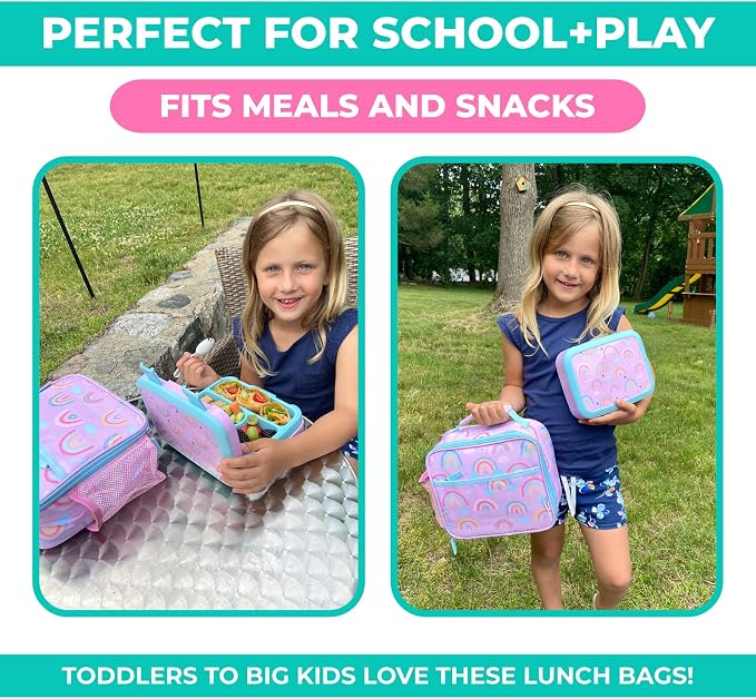 kinsho Kids Bento Lunch Box Set with Thermo, Bag & Ice Pack Purple Rainbow | 4 Compartment Container, Stainless Steel Food Jar for Hot Soup, Snacks, Daycare or School Lunches for Toddlers & Small Girls
