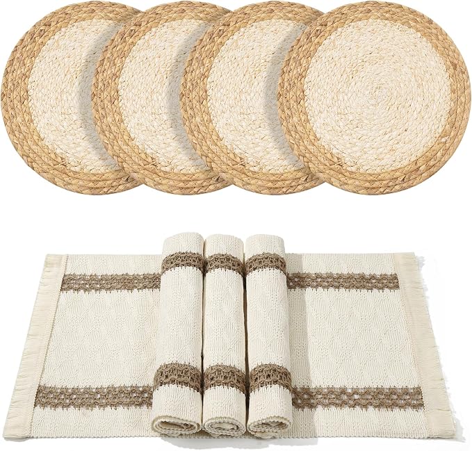 Handmade Boho Placemats Set of 4 | Natural Woven & Fabric Cotton Combo Table Mats | 8-Piece Versatile Place Mats | Rustic Farmhouse Style Dining Table Decor