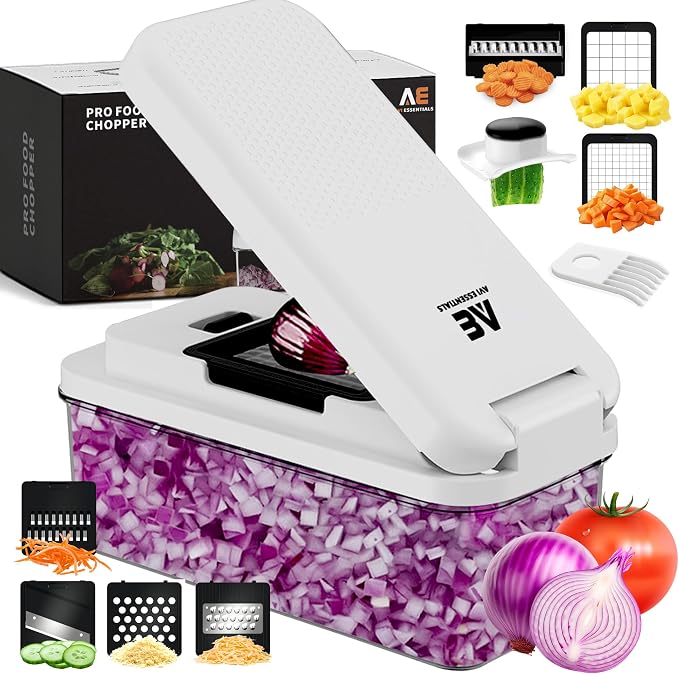 Pro Food Chopper - Premium 9 in 1 Vegetable Chopper with 7 Interchangeable Blades, Fruit Slicer, Vegetable chopper with Container and Lid, Kicthen Essentials