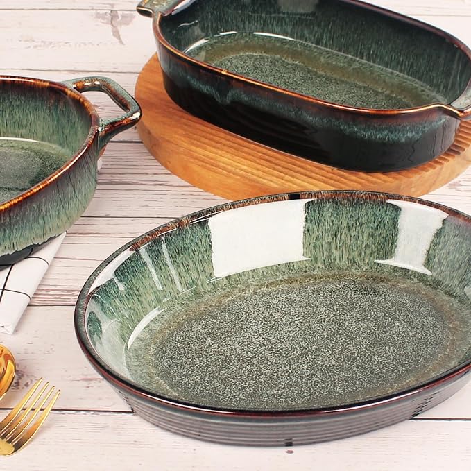 Oval 9.5 x 7 Inch Ceramic Pie Pan Quiche Baking Dish Set of 2, 22 Ounces Non-Stick Pie Dish Quiche Pan, Tart, Pot Pies, Dessert, Pie Plate for Apple, Oven, Dishwasher and Microwave Safe
