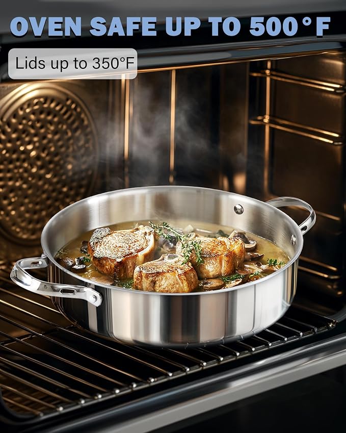 Cooks Standard Multi-Ply Clad 5.5 Quart Stainless Steel Sauté Pan, 12 Inch Deep Frying Pan Skillet with Lid, Induction-Ready Cooking Pan with Two Side Handles, Dishwasher & Oven Safe