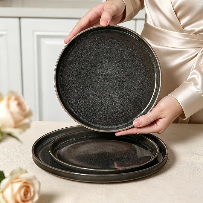 Dinnerware Sets for 4, 12 pcs Reactive Glaze Plates and Bowls Sets, Black | Large Size Modern Stoneware Dishes, Chip & Scratch Resistant, Dishwasher and Microwave Safe Tableware, Glossy