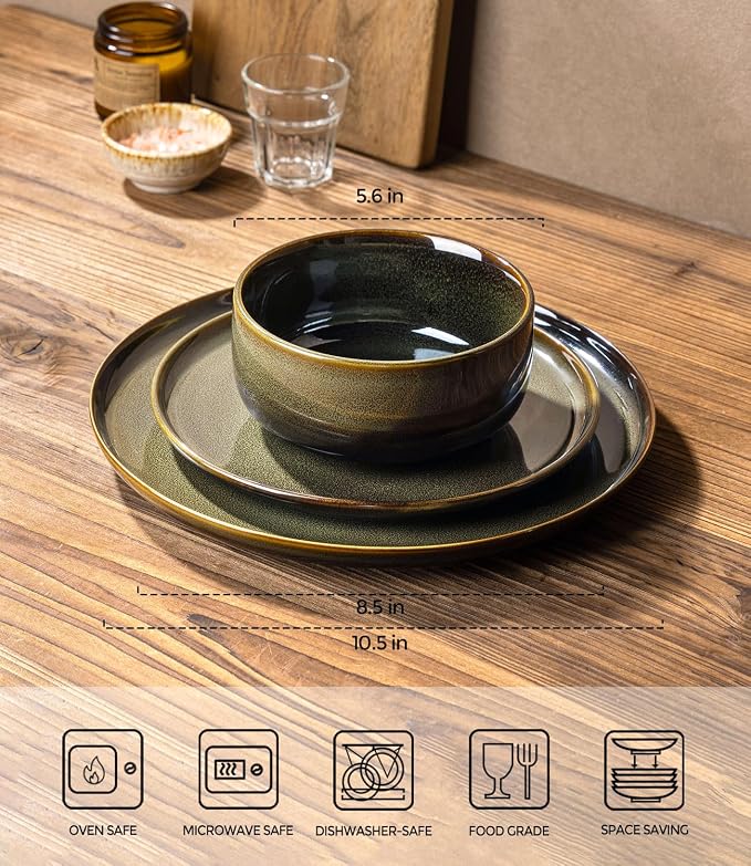 Ceramic Dinnerware Set for 8, 24-Piece Plates and Bowls Set | Handmade Reactive Glaze Dish Set, Scratch Resistant, Oven & Microwave & Dishwasher Safe, Olive Green