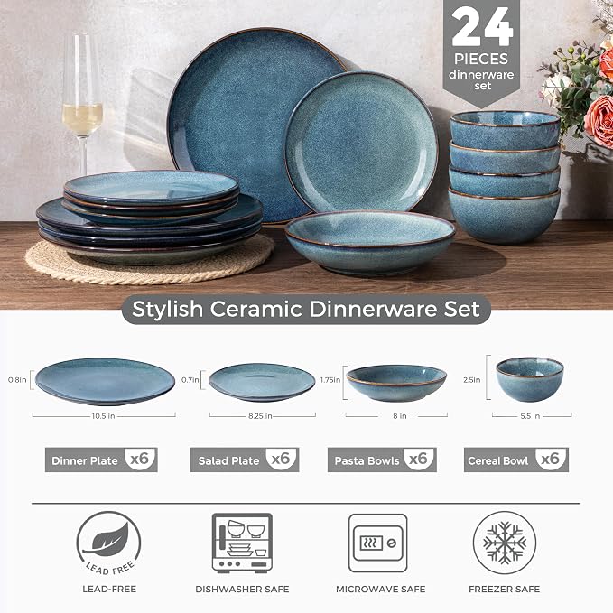 GBHOME Dinnerware Sets for 6, 24 Pieces Ceramic Plates and Bowls Set | Scratch Resistant Stoneware Dishes Set, Dishwasher & Microwave Safe, Reactive Glaze