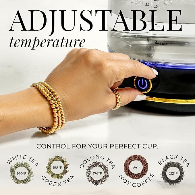 Styled Settings Glass Electric Kettle No Plastic, Black and Gold | 1500W Fast Hot Water Boiler with Temperature Control for Coffee and Tea - Stylish Stainless Steel Kettle, Automatic Shut-Off