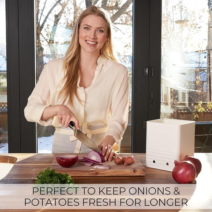 Beautiful Potato and Onion Storage Container Set - Food Safe Metal Bins | Spacious 10.1" and 8.9" Canisters for Your Kitchen Counter or Pantry - Keeps Produce Fresh Longer