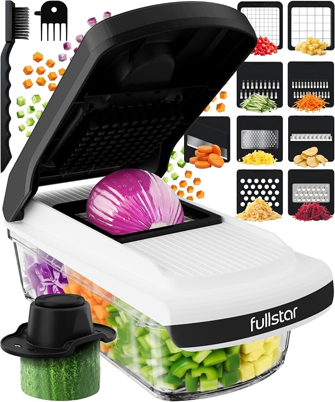 Fullstar Pro Core Vegetable Chopper & Mandoline Slicer, Meal Prep Essential | 9 in 1 Veggie Slicer, Onion & Fruit Slicer with Julienne, Grater & Dicer Stainless Steel Blades + Container (White)