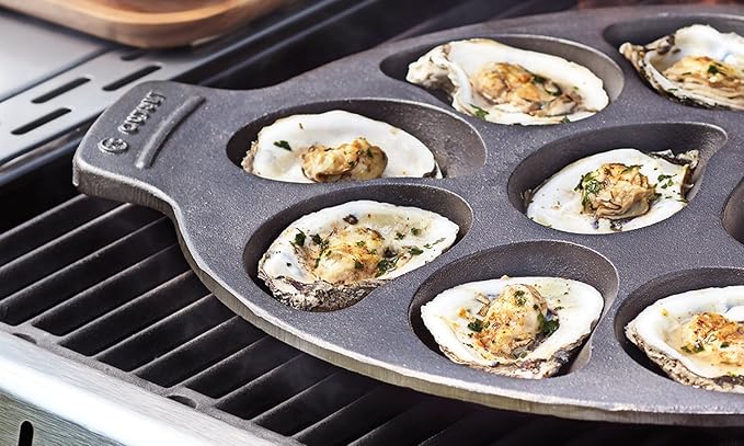 Outset Cast Iron Oyster Grill Pan, 12 Cavities, Black Oyster BBQ and Serving Pan | Grill & Serve Oysters In One Pan | 12 Capacity Oyster Tray & Plate | Oven, Grill & Stovetop Safe | Durable Cast Iron Platter