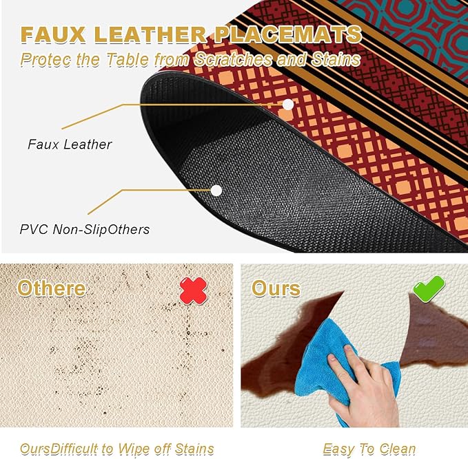 Faux Leather Placemats Set of 4 - Boho Heat Resistant Placemat for Dinner Table, Non-Slip Waterproof Oil-Proof Washable Reusable Placemat for Indoor Outdoor Kitchen Decor, 15.75In*11.81In