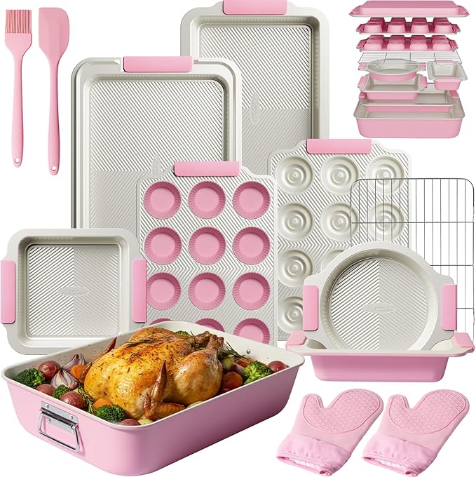 Kikcoin 25-Piece Nonstick Baking Pans Set with Large Turkey Roasting Pan, Stackable Bakeware Set, 450°F Oven Safe Baking Sheet Set with Silicone Handles, Carbon Steel Cookie Sheets for Baking, Pink