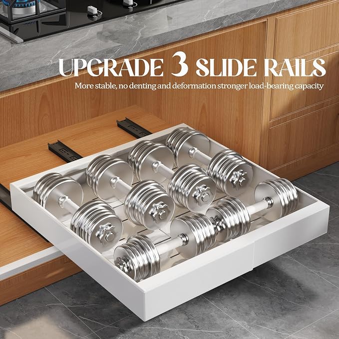 Seinloes 6 Pack Expandable Pull Out Cabinet Organizer 21"Deep With Raising Pad for Framed Cabinets,Upgrade 3 Slide Rails Slide Out Drawers,No Drill Roll Out Shelves,Adjustable Width 12.1"-20.4" White