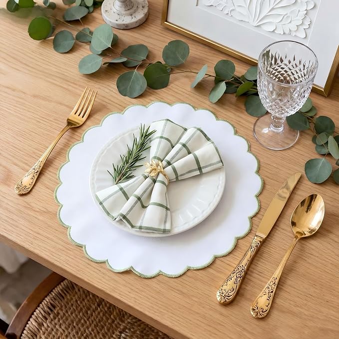 Set of 12 White Cotton Placemats 15" Round Scalloped Green | Double Layered Cotton Fabric, Washable Embroidery, Green Edge Edge, Rustic Table Mats for Wedding Dining Table Decor