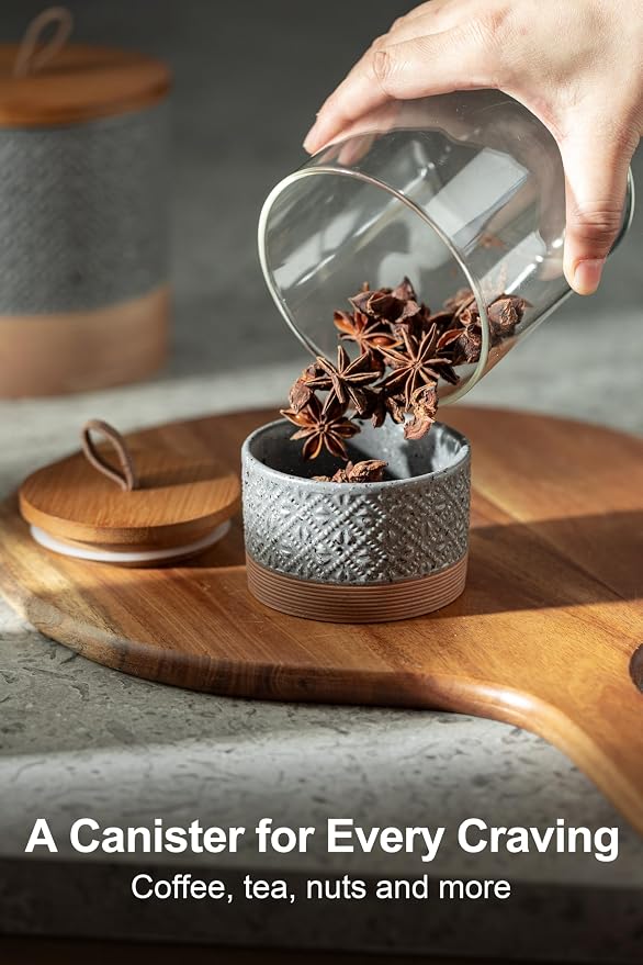 Miamolo Kitchen Canisters for Countertop, Small Coffee Jar, Gray & 5 fl.oz | Ceramic Coffee Container with Lid for Pantry | Airtight Seal for Tea, Sugar Coffee Beans | Decorative Coffee Bar Accessories