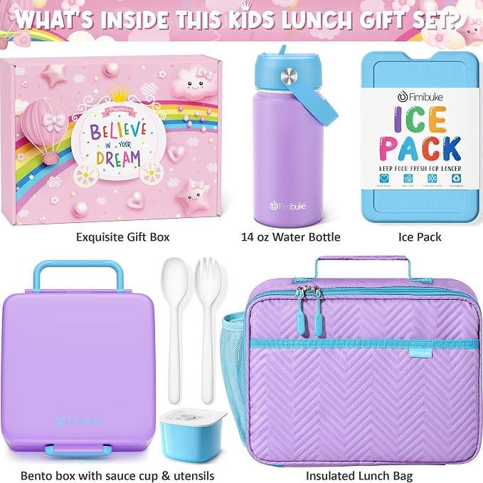 Fimibuke Kids Bento Lunch Box with Toddler Insulated Water Bottle Lunch Bag | Lunch Box Kids with 4 Compartments, Ice Pack & Utensils Set, Birthday Gifts for Ages 3-12 Back to School Toddler Girls Boys