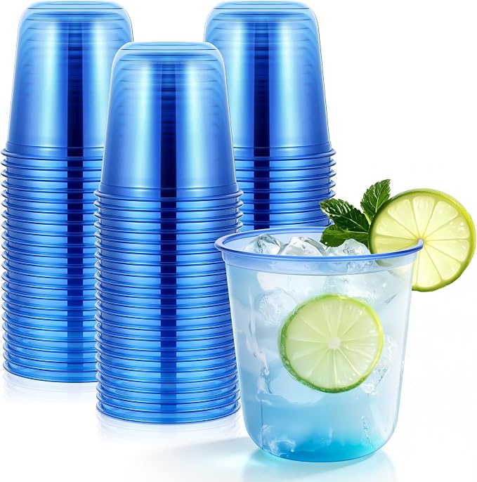 KesaPlan 50Pcs 12oz Blue Plastic Party Cups, Disposable Wine Cocktail Cups | Cute Crystal Wine Stemless Glasses, Round Bottom PET Cold Drink Cups for Wedding Birthday Meeting Christmas Baby Shower Party