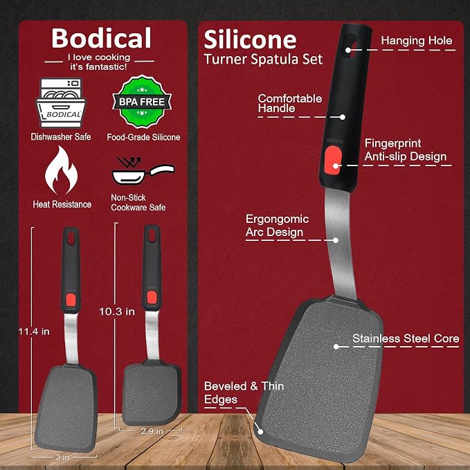 2 Pack Silicone Spatula Turner, 600°F Heat Resistant Kitchen Spatula Set for Nonstick Cookware, Cooking Utensil Set for Egg Pancake Flipper/Heat Resistant Silicone Grip | 600°F Heat Resistant, Spatulas For Nonstick Cookware, Cooking Utensils Set, Panca...