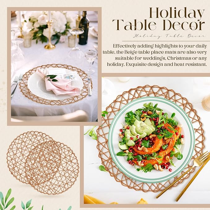 Geosar Round Woven Placemats Bulk Rustic Paper Braided Placemats Boho Natural Non slip Heat Resistant Table Mats for Wedding Party, Dinner Table Centerpiece Decoration, 13 Inch (Light Brown,24 Pcs)