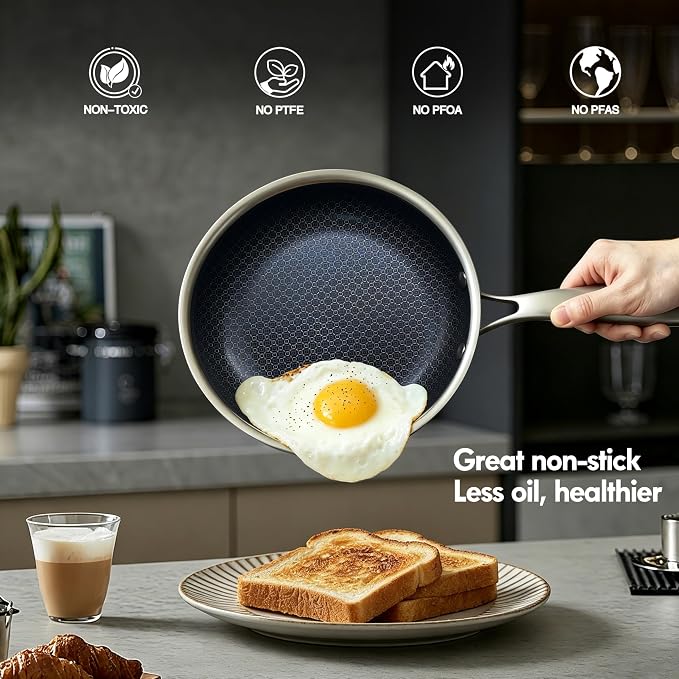 BRASA Nonstick Frying Pan 7.87-inch,Tri-Ply Stainless Steel Skillet,Honeycomb Ceramic Coating, Induction & All Cooktop Compatible,Dishwasher safe (PFOS, PFOA Free) 7.87 in