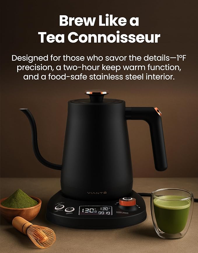 Viante Electric Gooseneck Kettle 0.8L, Pour Over Coffee & Tea, Temp Control | Boil-dry protection, keep-warm function, BPA-free stainless steel body. Includes #2 coffee filters