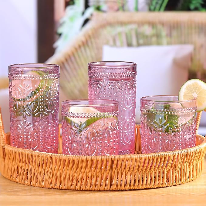 Darlion Vintage Glassware, Pink Glasses Drinking, 12oz Highball Glasses | Lead-Free Glass, Food Grade Glass, Durable&Sturdy, Vintage Decoration