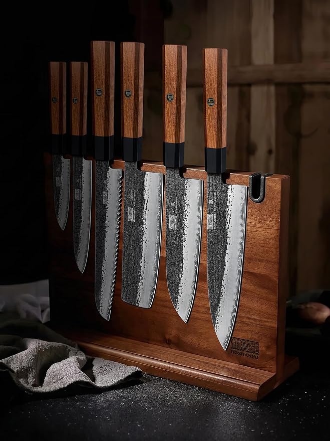 HOSHANHO 7 Pcs Knife Set with Magnetic Knife Block, Ultra Sharp Knife Set | Hand Forged 9 Layers 10CR15MOV High Carbon Steel Kitchen Knife Set, Japanese Chef Knife Set with Ergonomic Rosewood Handle