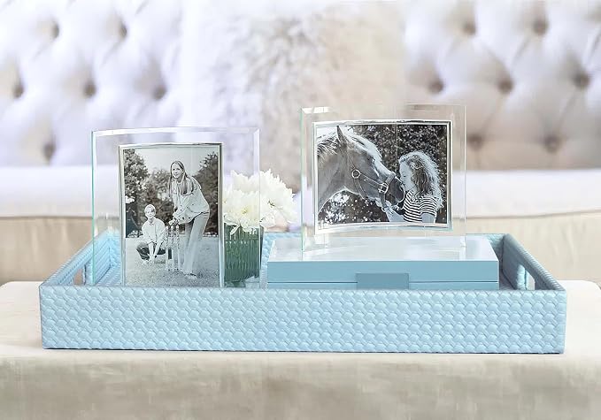 HofferRuffer Rectangle Serving Tray with Hole Handles for Coffee Table, Breakfast, Tea, Food, Butler - Countertop, Kitchen, Vanity Serve Tray, 16.2 x 12.2 x 2 inches, Faux Leather (LightBlue)