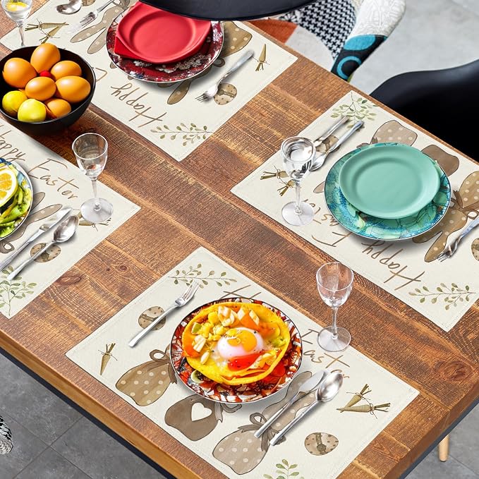 Happy Easter Bunny Placemats Set of 4 Easter Rabbit Egg Carrots Linen Fabric Table Mats Spring Seasonal Rustic Holiday Washable Place Mats for Party Kitchen Dining Indoor Decor 12x18 Inch