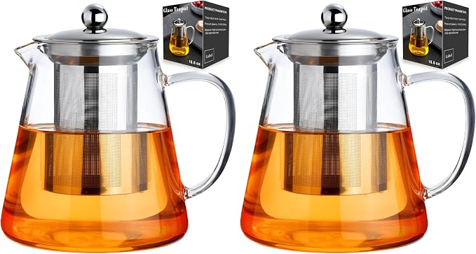 Baalaka Glass Teapot 18.6oz/550ml, Tea Pot with Removable Infusers for Loose Tea, Borosilicate Glass Tea Kettle Tea Maker Stovetop for Camping, Tea Infuser for Loose Leaf Tea Travel (Pack of 2)