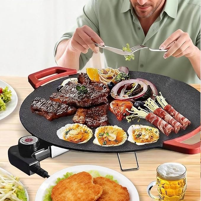 Electric Smokeless Grill, Non-Stick BBQ Griddle with Temperature Control, Round Cooking Surface with Red Handles, Indoor Barbecue Pan for Meat and Seafood (15.7)