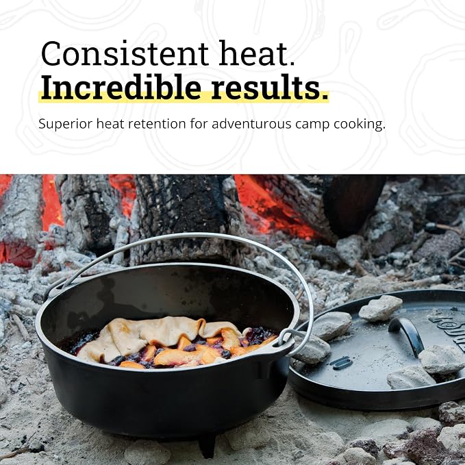 Lodge Seasoned Cast Iron Camp Dutch Oven with Lid - 4 Quart - Dual Handles - Seasoned Cast Iron Cookware with Steel Handle & Strong Lid for Heavy- Duty Camping Cookware