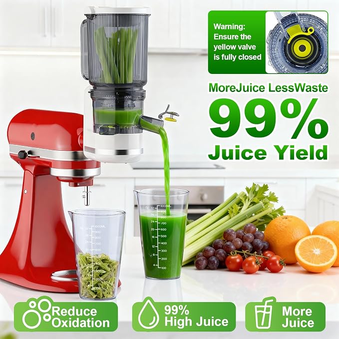 COFUN Masticating Juicer Attachment for Kitchen Aid Stand Mixer | Cold Press Juice, Extractor with 4.9 Inch Wide Feed Chute and 2 * 1L Cups for Fruits Vegetables Celery Carrot Home Kitchen