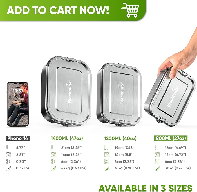 Blockhütte Custom Lunch Box for Kids Stainless Steel I 27oz I Bento Box Custom Name I Metal Lunchbox I Non-Toxic, Eco-Friendly, Leakproof Lunch Container Adults I Personalized Gifts for men