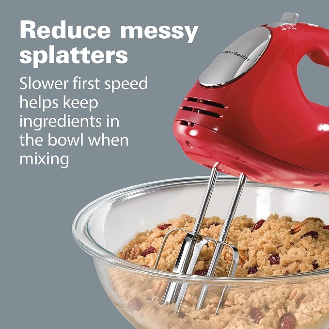 Hamilton Beach 6-Speed Electric Hand Mixer With QuickBurst and Bowl Rest | 275 Watt Motor | Traditional Beaters | Whisk | Dough Hooks | Snap-On Storage Case | Red | 62633G