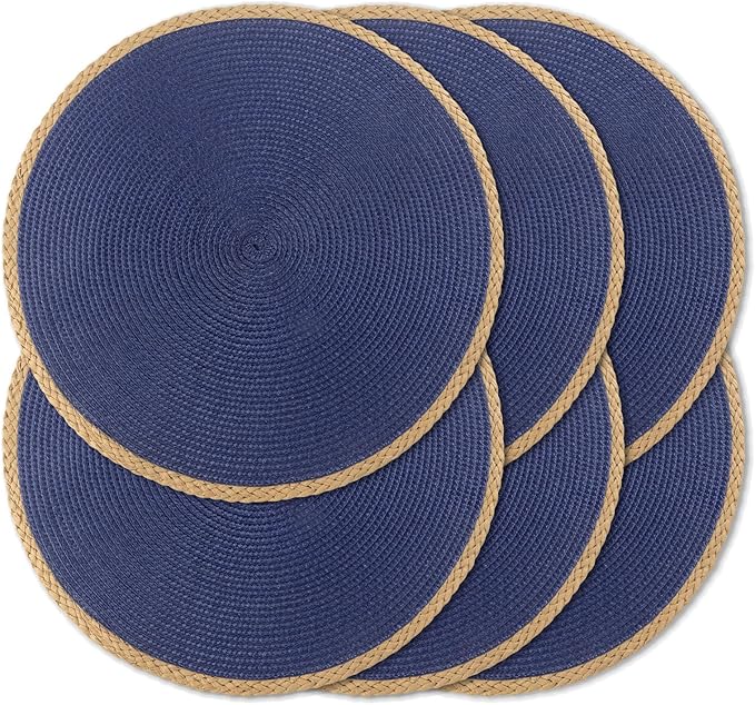 Round Placemats Set of 6, Woven Table Mats, Thin Edge, Navy Blue | Braided Paper Edge, 15 Inch Diameter, Fits Dinner Plate and Flatware, Wipeable, Heat Resistant, Indoor Dining, Outdoor Patio