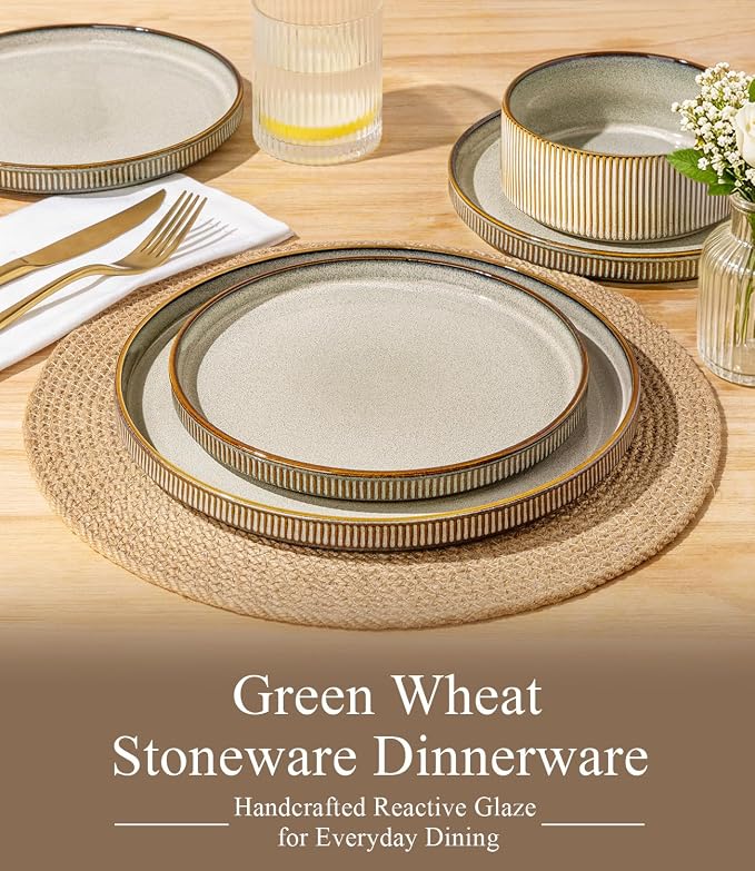 GBHOME Stoneware Dinnerware Sets for 4, 12-Piece Plates and Bowls Set | Handmade Reactive Glaze Ceramic Dish Set, Scratch Resistant, Dishwasher&Microwave Safe,Green Wheat