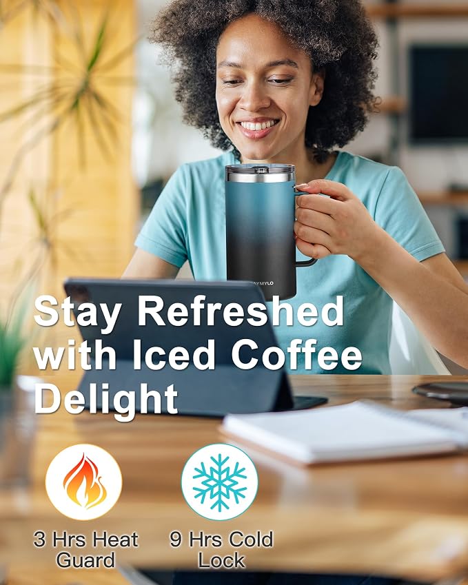 Insulated Travel Large Coffee Mug with Handle, Coffee Tumbler Cup 24oz | Detachable Lid for Thoroughly Clean, Thermal Cup with Double-Wall Stainless Steel Vacuum Insulation, Spill Proof & BPA Free