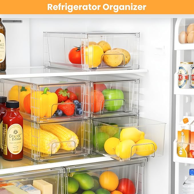 2 Pack Stackable Storage Drawers,Plastic Organizers Bins, Drawers Storage with Handles and Movable Dividers for Organization and Storage in Fridge,Bathroom, Pantry, Kitchen Cabinets, Under Sink