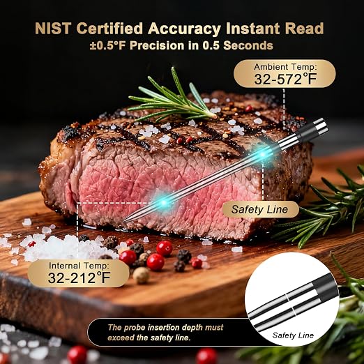 Bluetooth Wireless Meat Thermometer Digital for BBQ Grill Smoker | Instant Read Food Cooking Thermometer with Standalone Base, NIST Certified Accuracy for Air Fryer