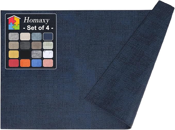 Homaxy PU Faux Leather Placemats for Dining Table, Set of 4, Navy Blue | Waterproof Wipeable Washable Table Mats, Easy to Clean Anti-Slip Place Mats, 11.8" x 17"