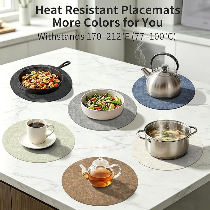 Maxpearl Faux Leather Round Placemats Set of 6, 13.8 inch, Grey | Waterproof, Heat Resistant, Non Slip, Wipe Clean Dining Table Place Mats, Suitable for Indoor & Outdoor Use, Table Settings